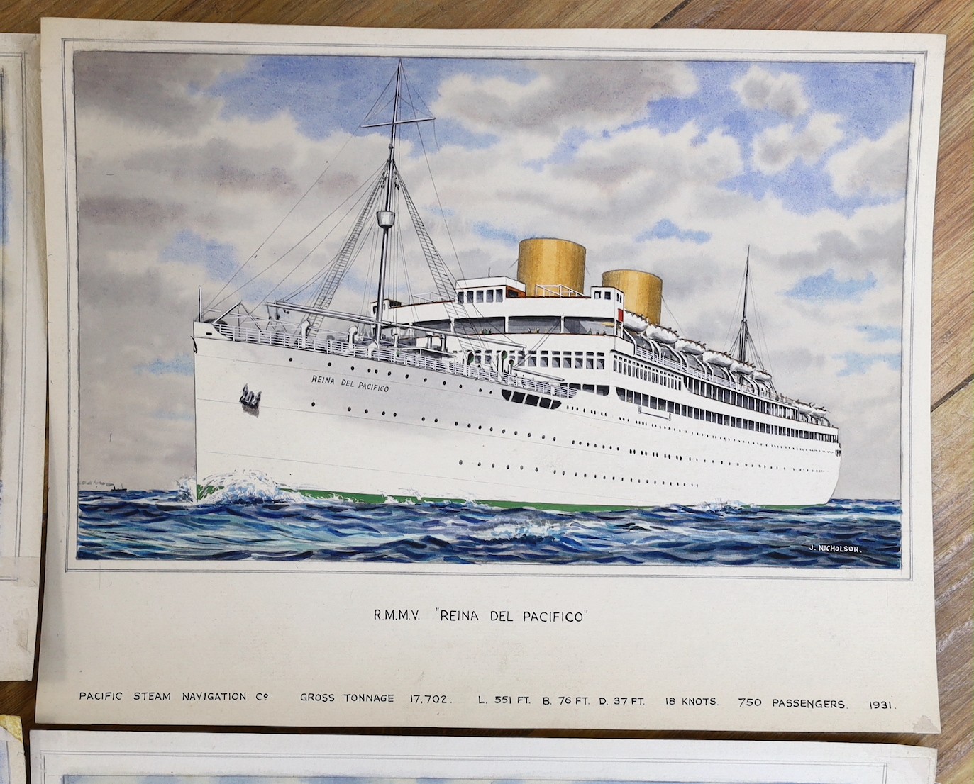 John Nicholson (1920-2003), four watercolours, Ocean liners, signed and titled, overall 21 x 31cm, unframed